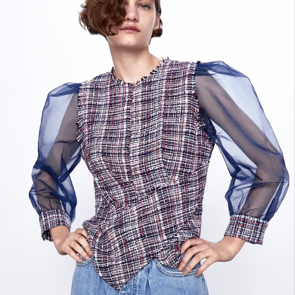 Zara Tweed And Organza Blouse